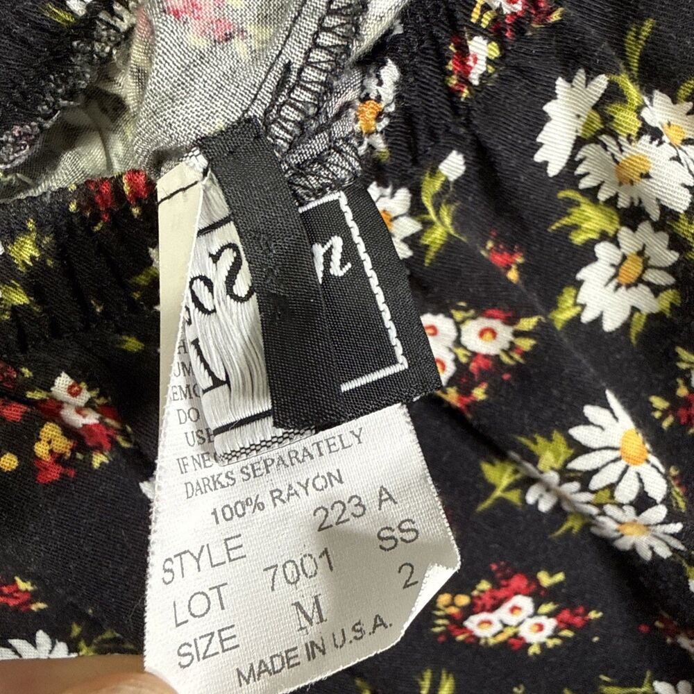 Vintage 90s Floral Midi Skirt Pull On Black Medium Made In USA Boho - Picture 3 of 4